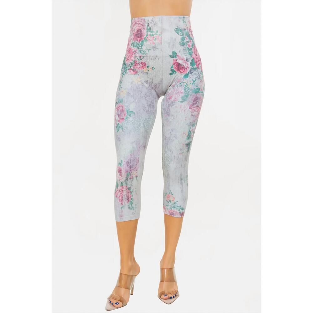 NEW M.RENA antique baroque floral print crop leggings in grey multi